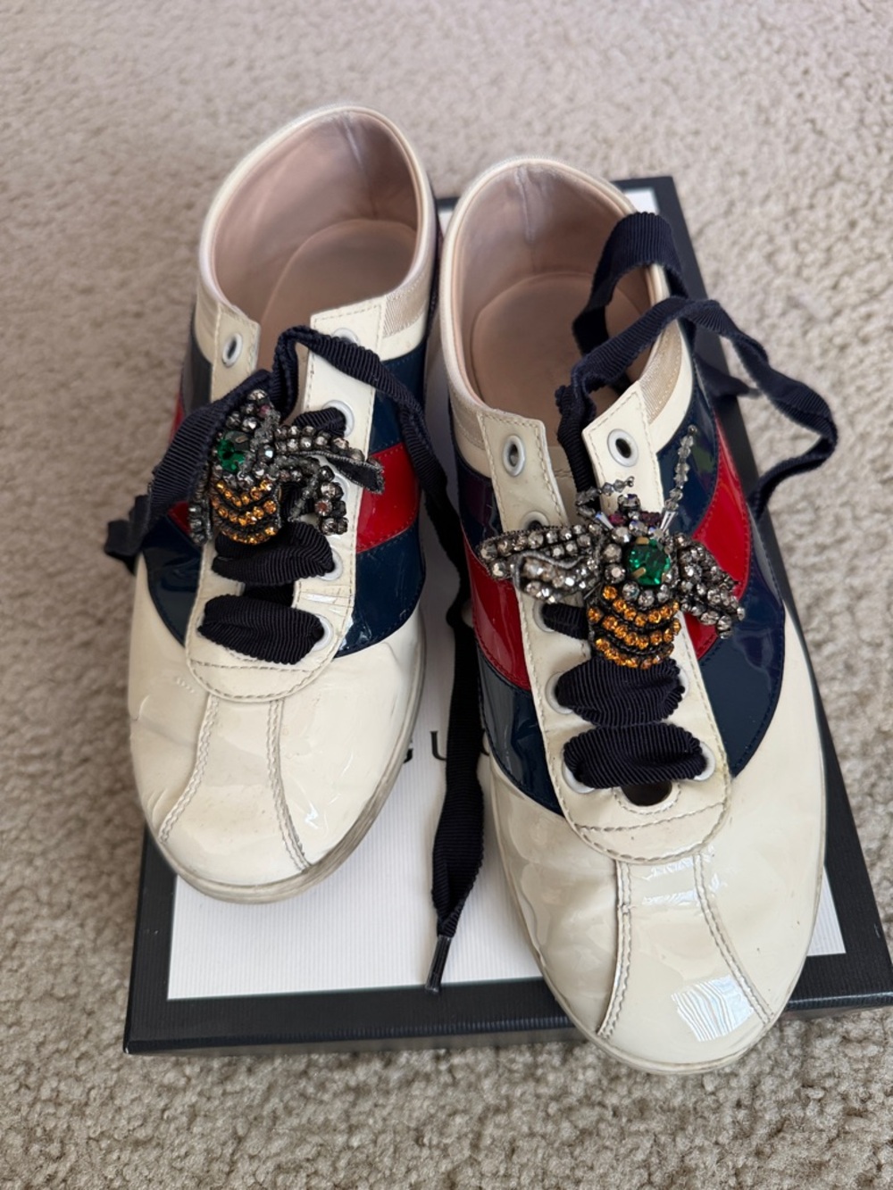 Gucci Patent Leather Bee Embellished Sneakers in White, Navy & Red